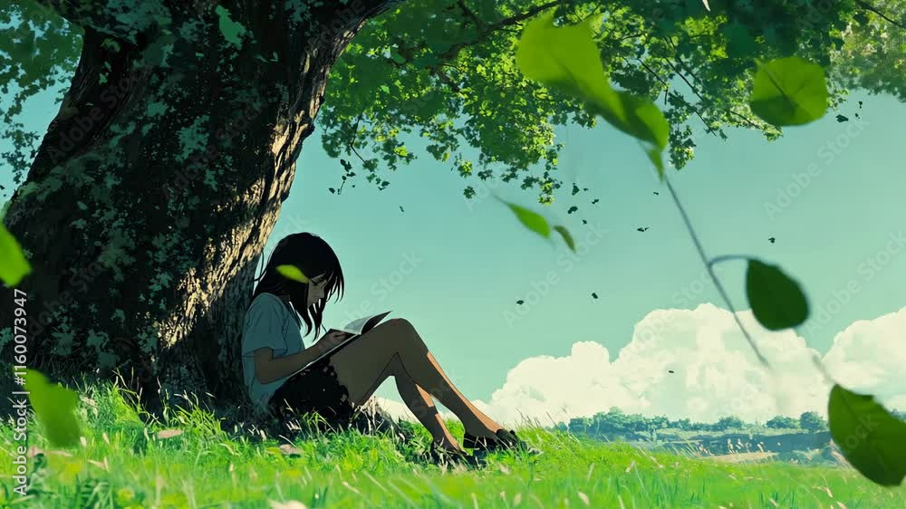 An anime girl sitting under an old tree, she is sad and crying, the background is green grass, anime style, pastel colors, illustration, detailed drawing, soft shadows, 