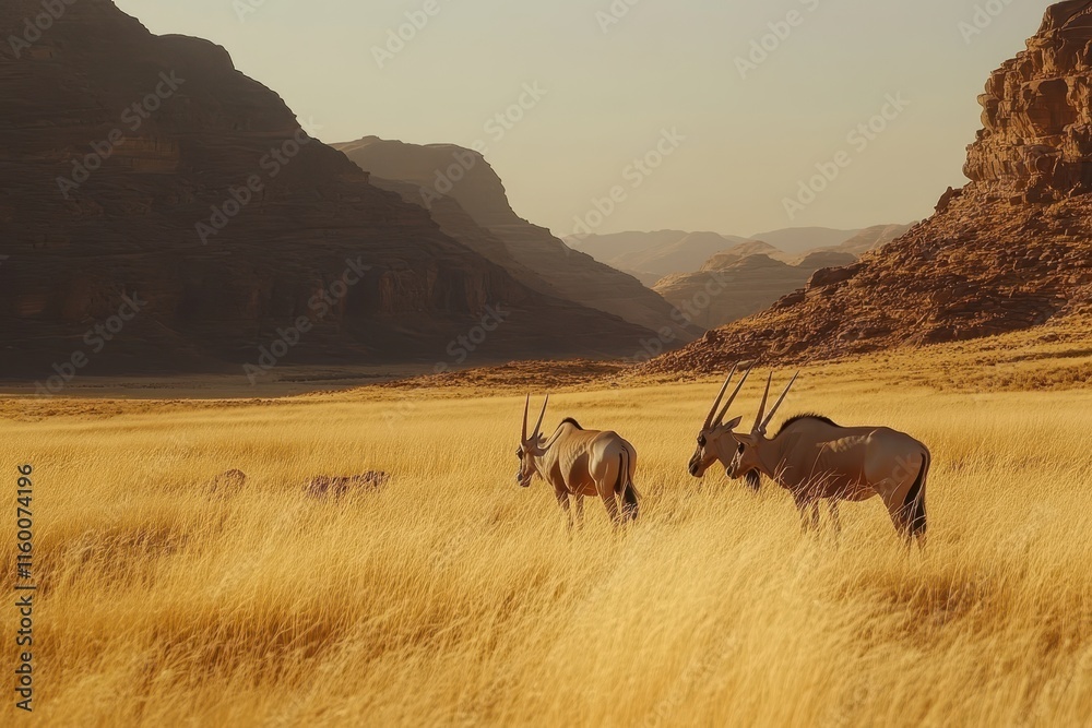 Oryx antelopes graze in a golden savanna, dramatic mountains form a stunning backdrop. Perfect for travel, wildlife, and nature documentaries; evokes adventure and serenity. Oryx antelopes graze in a golden savanna, dramatic mountains form a stunning backdrop. Perfect for travel, wildlife, and nature documentaries; evokes adventure and serenity.