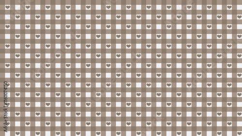 Charming gingham pattern in brown and beige with small hearts. Perfect for backgrounds, fabrics, or any design project.