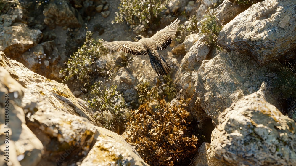 Bird in flight over rocky terrain, sunlight. Bird in flight over rocky terrain, sunlight.