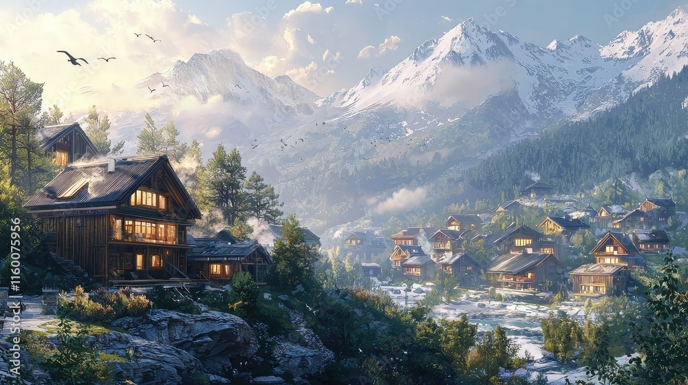 Serene Mountain Landscape with Rustic Cabins and Scenic Views