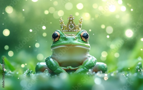 A cheerful green frog wearing a crown, surrounded by a vibrant green background, representing the playful spirit of Leap Day in a Leap Year celebration photo