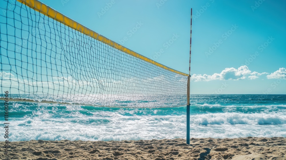 A vibrant game of beach volleyball on sun-drenched sands, Volleyball net set against a backdrop of crashing waves, Coastal sport style A vibrant game of beach volleyball on sun-drenched sands, Volleyball net set against a backdrop of crashing waves, Coastal sport style