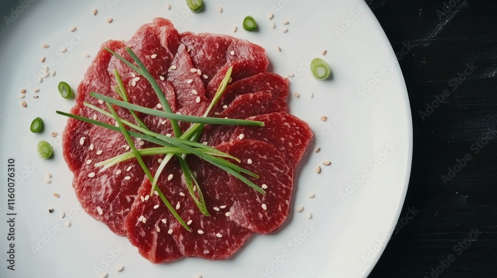 Obraz premium Fresh raw beef sirloin cut into strips, arranged on a white plate with a garnish of green onions and sesame seeds, vivid and appetizing in 4K.