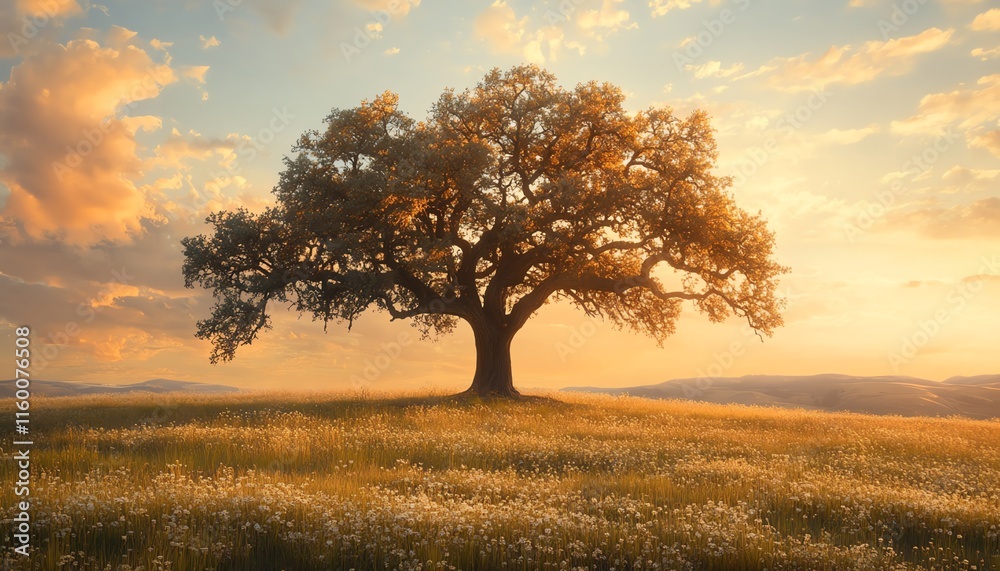A single, resilient tree in a peaceful field, symbolizing personal growth, strength, and unwavering faith, surrounded by soft natural beauty A single, resilient tree in a peaceful field, symbolizing personal growth, strength, and unwavering faith, surrounded by soft natural beauty