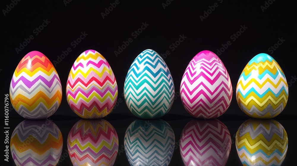 Naklejka premium Colorful Zigzag Patterned Easter Eggs Displayed on Black Surface