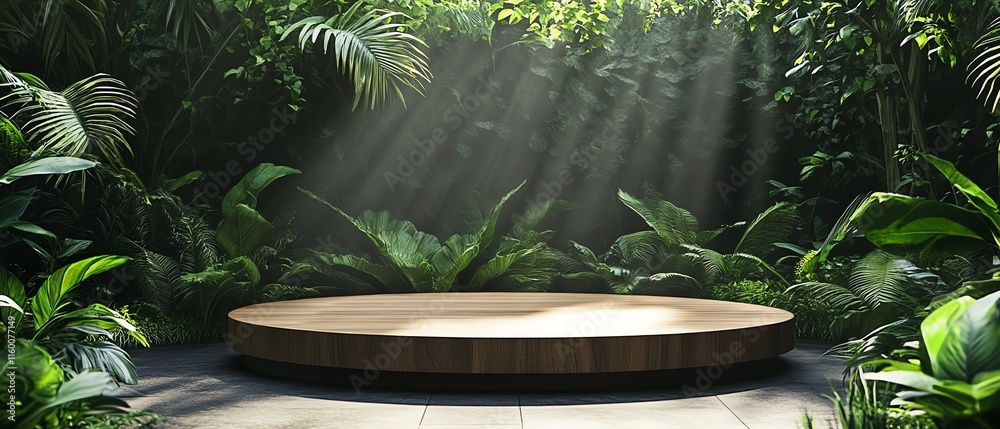 Aerial view of a sleek round teak podium with tropical greenery, softly illuminated by gentle sunlight, creating an ideal setting for showcasing products Aerial view of a sleek round teak podium with tropical greenery, softly illuminated by gentle sunlight, creating an ideal setting for showcasing products