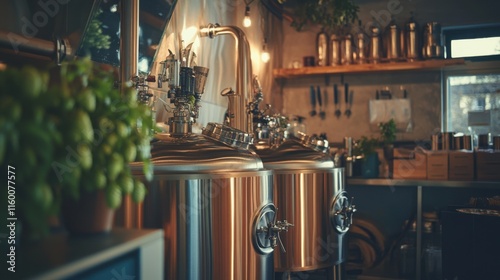 A vibrant home brewery with brewing kettles and hops, Beer brewing equipment and ingredients perfectly arranged, Modern industrial style
