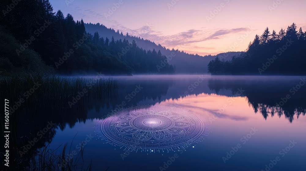 Fototapeta premium Serene Lake at Dawn with Mandala Reflection and Misty Forest Background