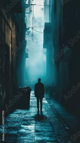 Mysterious Figure Walking Alone in Foggy Urban Back Alley