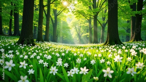 Sunlit Spring Meadow Enveloped by Ancient Trees, a Serene and Tranquil Forest Scene