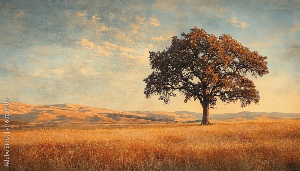 Lone tree standing tall in a peaceful field, symbolizing strength, growth, and unwavering faith, bathed in soft sunlight Lone tree standing tall in a peaceful field, symbolizing strength, growth, and unwavering faith, bathed in soft sunlight