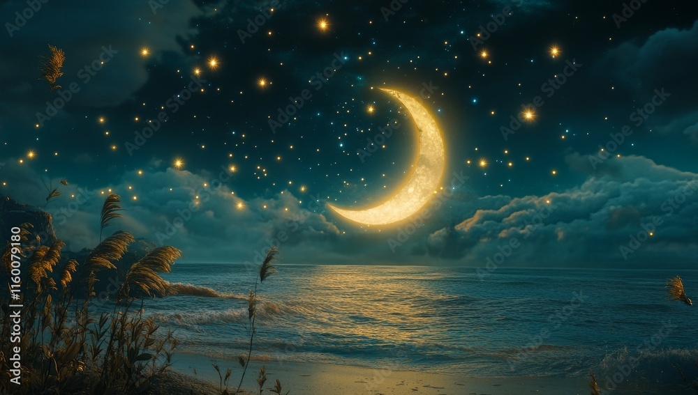 Magical crescent moon over tranquil ocean at night, glowing stars and clouds. Magical crescent moon over tranquil ocean at night, glowing stars and clouds.