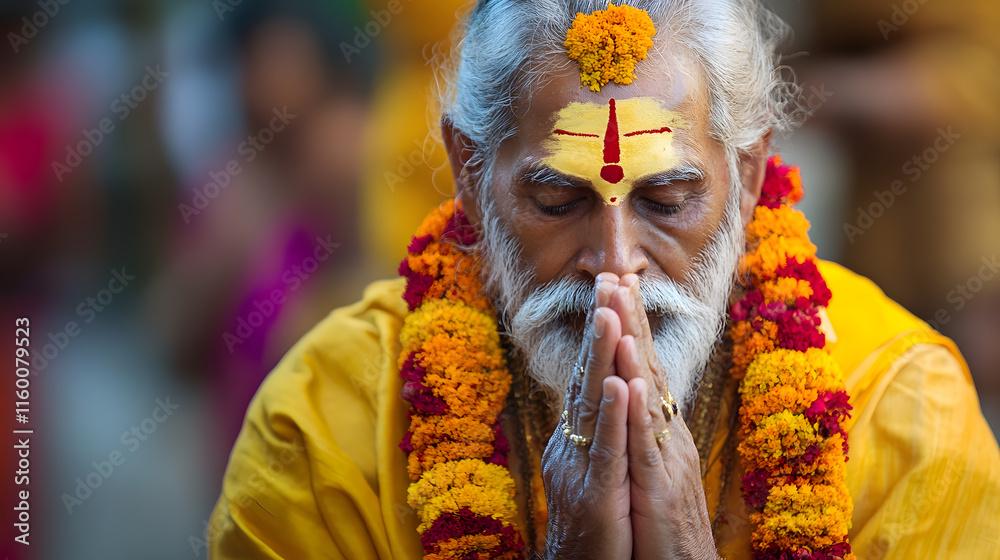 Elderly Man in Traditional Hindu Worship Attire with Hands Praying and Floral Decorations : Generative AI Elderly Man in Traditional Hindu Worship Attire with Hands Praying and Floral Decorations : Generative AI