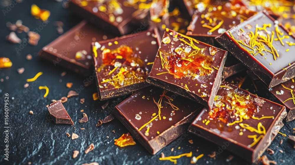 Dark chocolate squares with orange zest and sea salt. Dark chocolate squares with orange zest and sea salt.