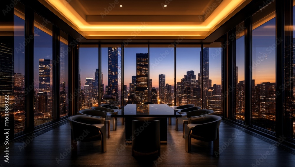 Luxury penthouse meeting room with city skyline view at dusk. Luxury penthouse meeting room with city skyline view at dusk.