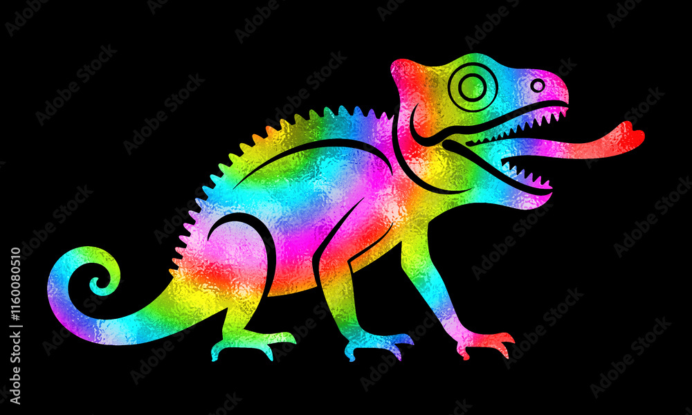 Fototapeta premium 舌を伸ばしているカメレオンの虹色グラデーションのシルエットイラスト 黒背景の切り抜き