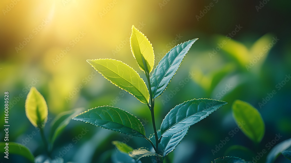 Obraz premium A leafy green plant with a sun shining on it. The sun is in the background and the leaves are in the foreground