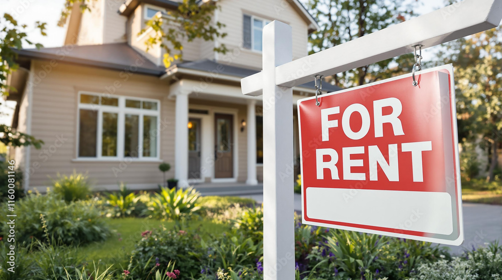 Charming Home For Rent Sign in Front of a Beautiful House Charming Home For Rent Sign in Front of a Beautiful House