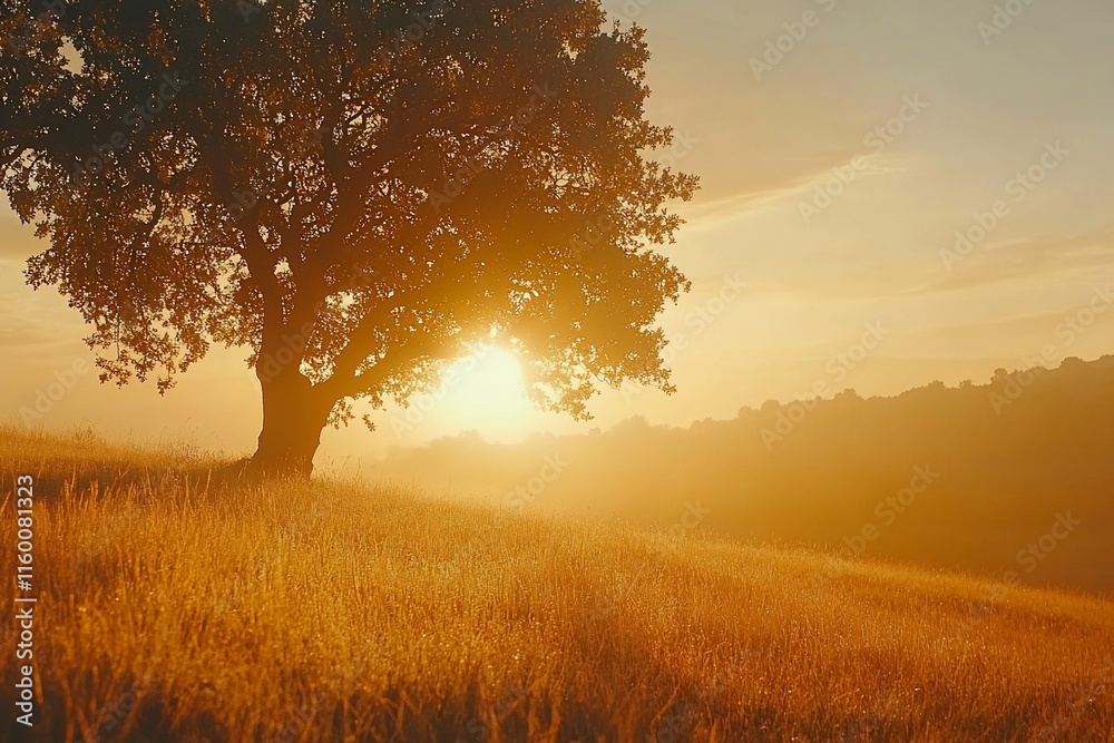 Golden sunset behind a lone tree on a hill. Golden sunset behind a lone tree on a hill.