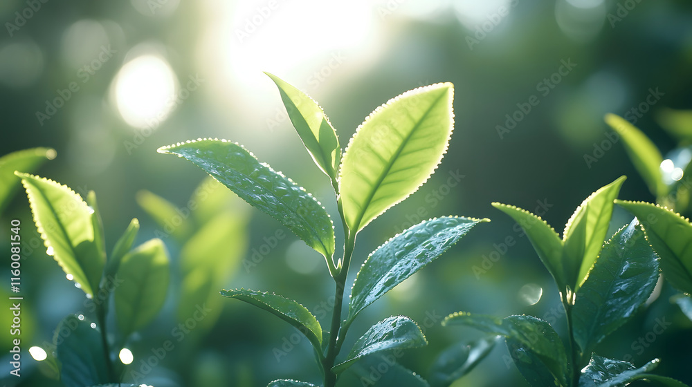 Obraz premium A leafy green plant with a sun shining on it. The sun is in the background and the leaves are in the foreground