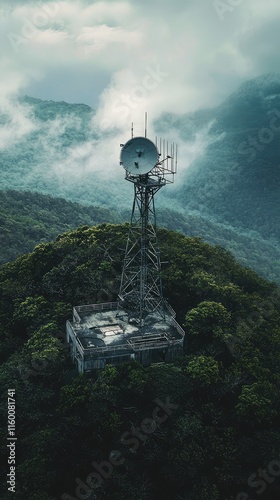 Aerial View of Communication Tower Surrounded by Lush Green Mountains
