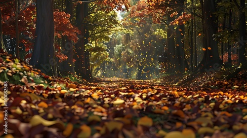A dense forest in autumn with vibrant yellow, orange, and red leaves on the ground
