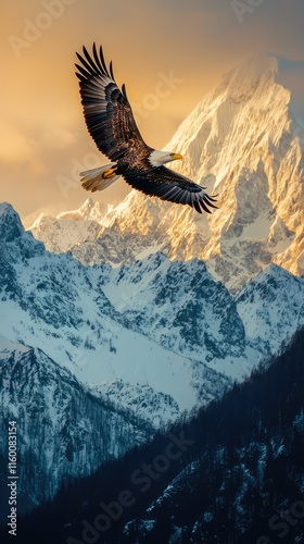 Majestic Eagle Soaring Over Snow-Capped Mountains at Sunset photo