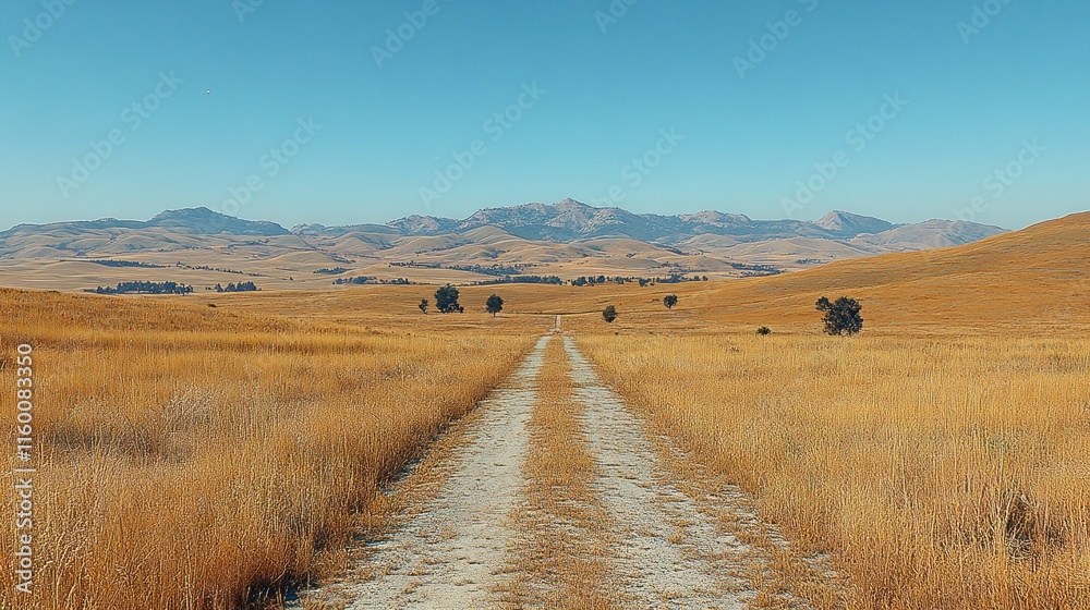 Fototapeta premium Dirt road vanishing into golden savanna under a clear blue sky.