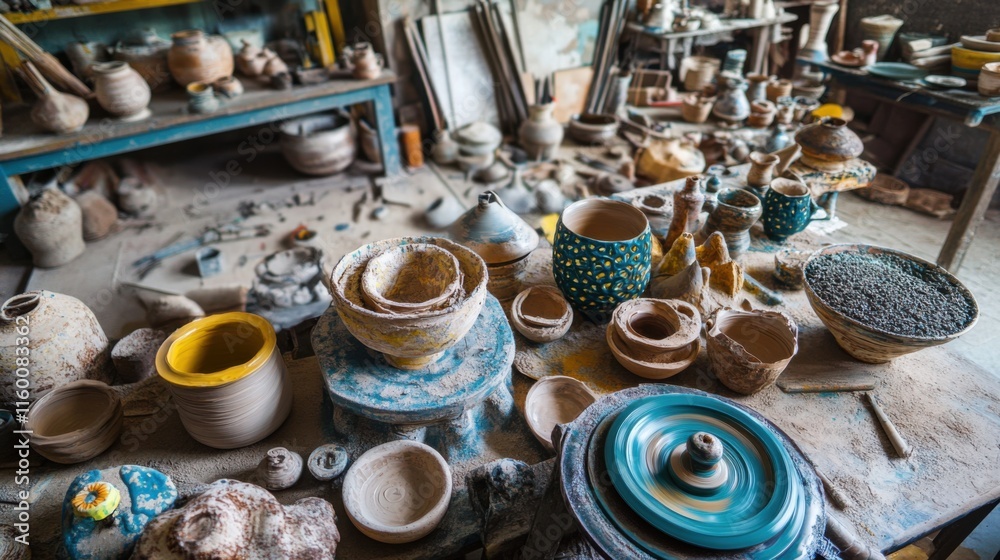A vibrant pottery workshop with spinning wheels and clay sculptures, Pottery tools and unfinished ceramics arranged in a creative chaos, Artisanal ceramics style A vibrant pottery workshop with spinning wheels and clay sculptures, Pottery tools and unfinished ceramics arranged in a creative chaos, Artisanal ceramics style