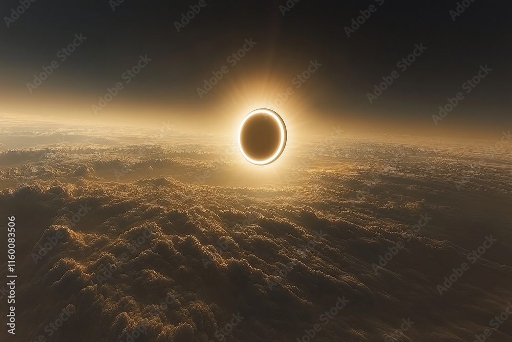 Obraz premium Annular solar eclipse viewed from above the clouds.