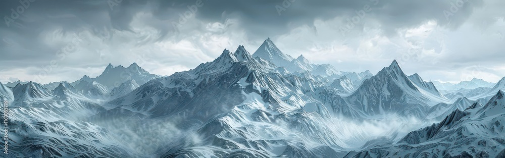Fototapeta premium Majestic Mountain Peaks. A breathtaking view of a snow-covered mountain range