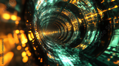 An abstract holographic surface with futuristic metallic tones of copper, teal, and sapphire