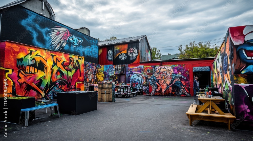 Fototapeta premium A vibrant street art festival with graffiti artworks and urban art installations, Artistic displays and vibrant murals set up for creative expression, Classic photo of