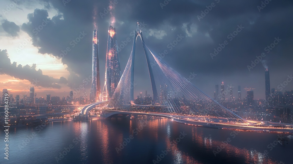 Futuristic City Skyline with Glowing Low Poly Bridge Emerging