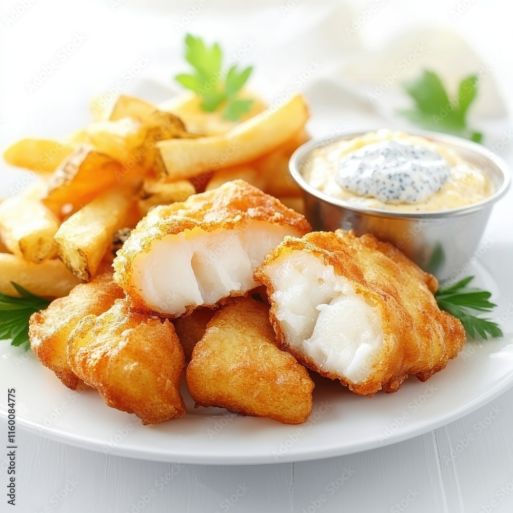 Crispy fish and chips with tartar sauce on white plate isolated design on white background Crispy fish and chips with tartar sauce on white plate isolated design on white background