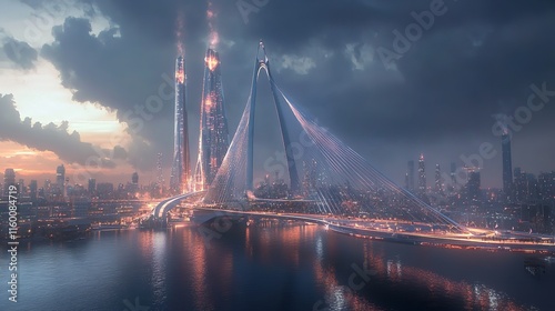 Obraz na płótnie Futuristic City Skyline with Glowing Low Poly Bridge Emerging w salonie