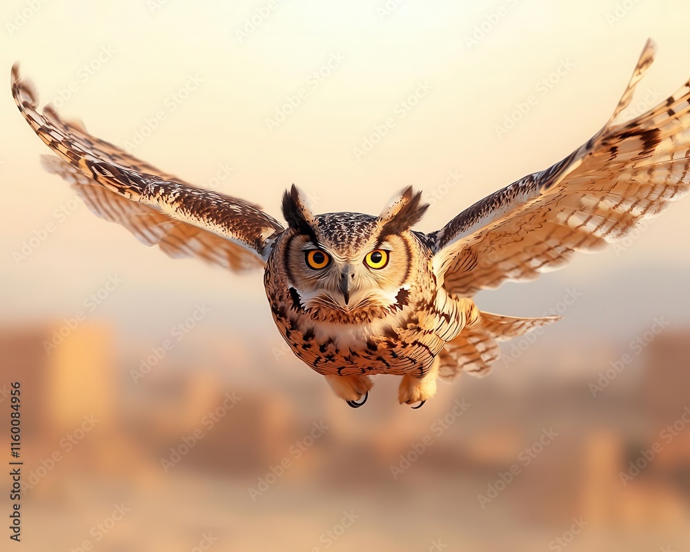 Obraz premium Owl flying over desert ruins with a travel map in its talons, animal travel, discovering lost worlds