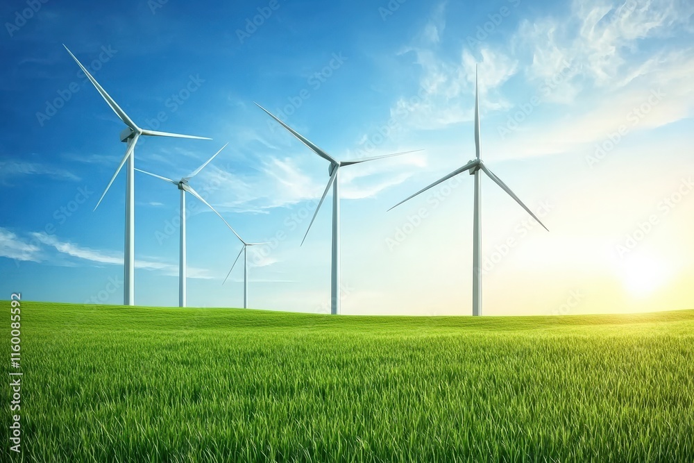 Renewable Energy Concept with Wind Turbines Generating Clean Energy on a Green Field Under a Bright Blue Sky with Fluffy Clouds and Sunlight at Sunrise or Sunset Renewable Energy Concept with Wind Turbines Generating Clean Energy on a Green Field Under a Bright Blue Sky with Fluffy Clouds and Sunlight at Sunrise or Sunset