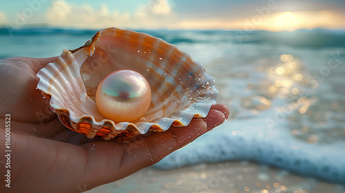 a person's hand holding a shell and pearl