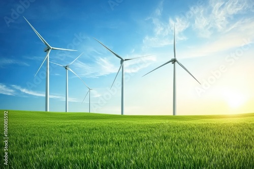 Wallpaper Mural Renewable Energy Concept with Wind Turbines Generating Clean Energy on a Green Field Under a Bright Blue Sky with Fluffy Clouds and Sunlight at Sunrise or Sunset Torontodigital.ca