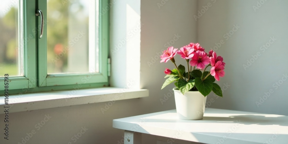 Sunlight illuminates pink blossoms in a white pot on a simple table near a window. Sunlight illuminates pink blossoms in a white pot on a simple table near a window.
