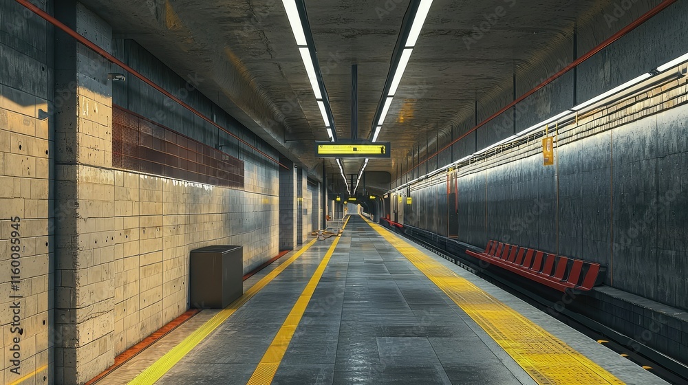 Modern and Empty Subway Station with Illuminated Ceiling Lights Modern and Empty Subway Station with Illuminated Ceiling Lights