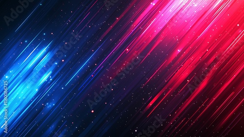 Bright red and blue light rays flow diagonally, creating a high contrast effect.