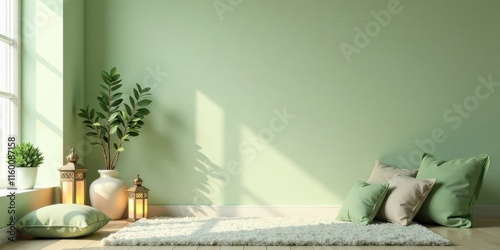 Serene Minimalist Room Decor with Soft Pillows, Plants, and Lanterns on a Fluffy Rug