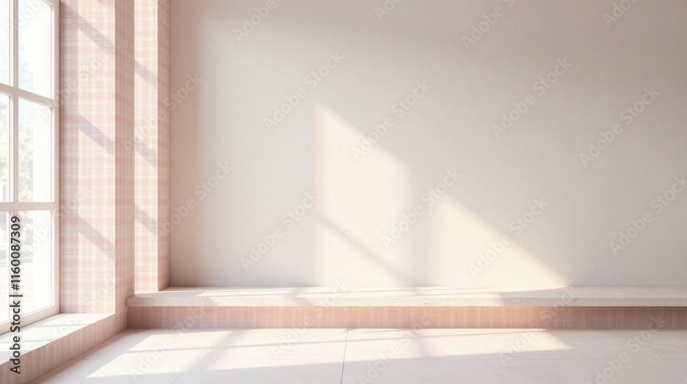 Fototapeta premium Sunlit Room with Window and Built-in Bench Featuring a Soft Pink and White Color Palette