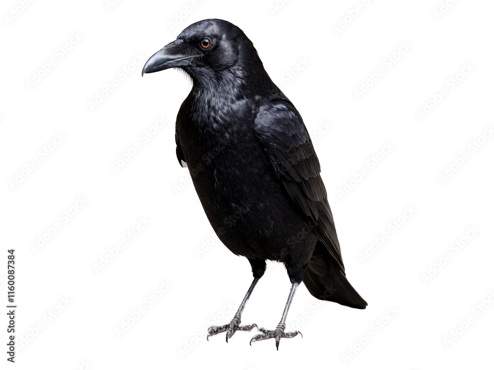 Fototapeta premium A close-up of a crow, with its sharp eyes, black feathers, and slightly ruffled wings. The bird is isolated on a transparent background, showing intricate details_