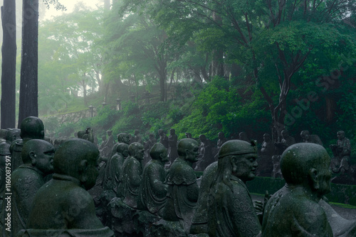 Stone Buddha Statues in Misty Umpenji Temple photo