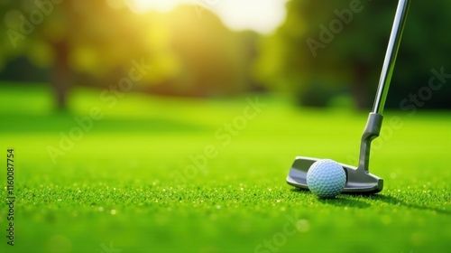 A putting green bathed in sunlight, showcasing a golf ball and putter poised for a precise shot on a lush, vibrant fairway