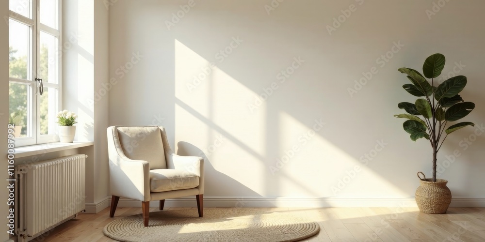 Fototapeta premium Serene Interior Design A Comfortable Armchair Bathed in Sunlight, Beside a Window and a Plant in a Woven Basket, Creating a Peaceful and Inviting Atmosphere
